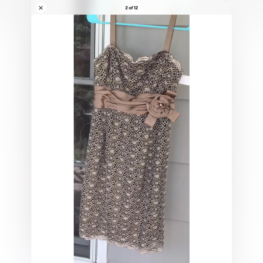 New R & M RICHARDS 6P Brown Gold Sleeveless Lace Satan Bow Dress New Gown Formal